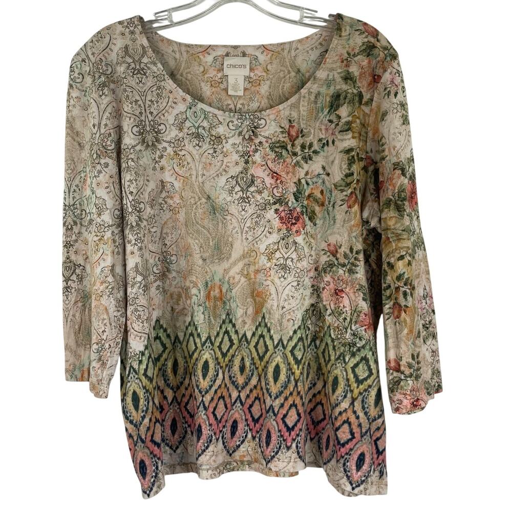 Chico's Cream Orange Paisley Floral Bohemian Round Neck Blouse Women's Size 3